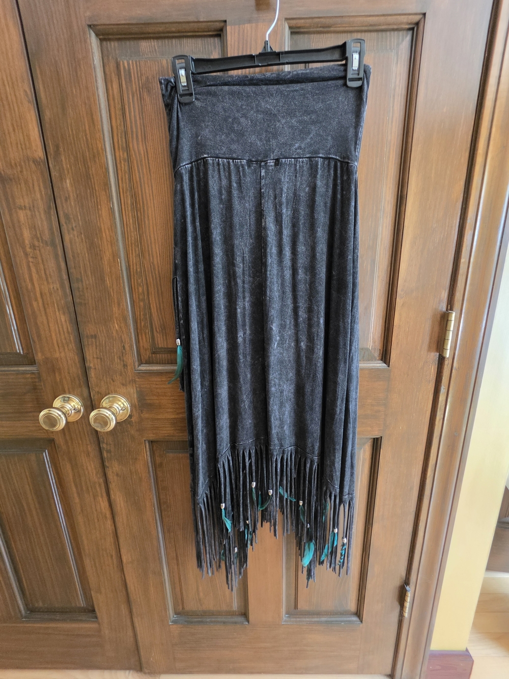 Pat Dahnke Sz M. Asymmetrical Black Fringe Maxi Skirt with Teal Tassel Accents - Picture 2 of 3